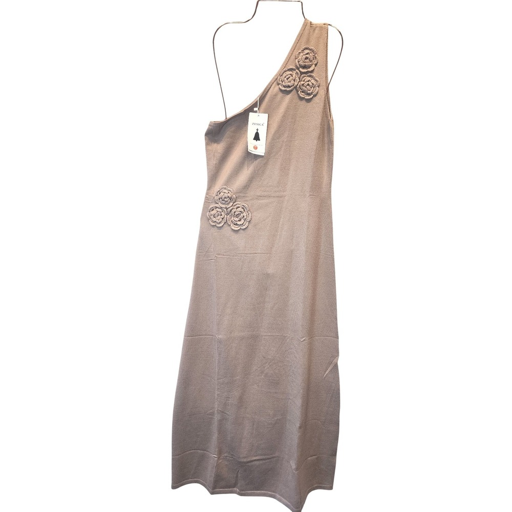 Zesica Womens One Shoulder Floral Crochet Maxi Dress Taupe Wedding Guest L NWT